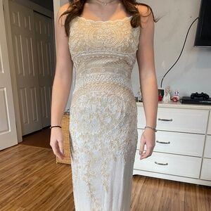 Long beaded ivory formal dress